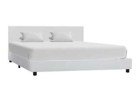 Lit adulte simili cuir blanc et pieds bois massif noir Nyam 160x200 cm