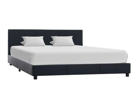 Lit adulte simili cuir noir et pieds bois massif noir Nyam 140x200 cm