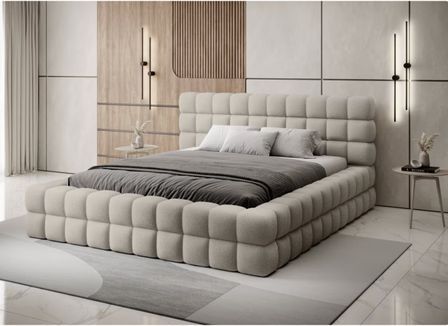 Lit avec coffre de rangement Kaizer prestige – Revêtement tissu à bouclettes capitonné