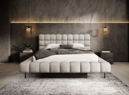 Lit avec coffre de rangement Kopa prestige – Revêtement tissu à bouclettes capitonné