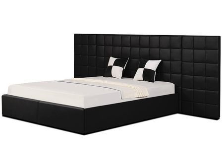 Lit avec grande tête de lit capitonnée similicuir noir Nocia 180x200 cm