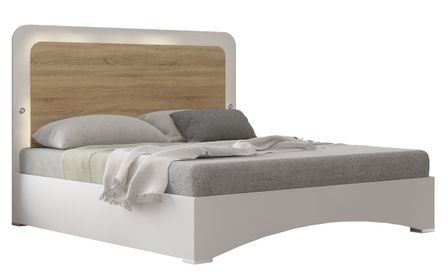 Lit blanc brillant et bois naturel mat avec Led Dova