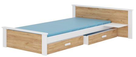 Lit bois pin blanc et bois oak 90x200 cm avec 1 chevet et 2 tiroirs de rangement Lydia