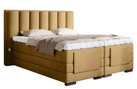 Lit boxspring électrique tissu jaune moutarde avec matelas et surmatelas Arkos