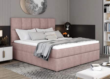Lit boxspring tissu rose clair avec matelas et surmatelas Lizen