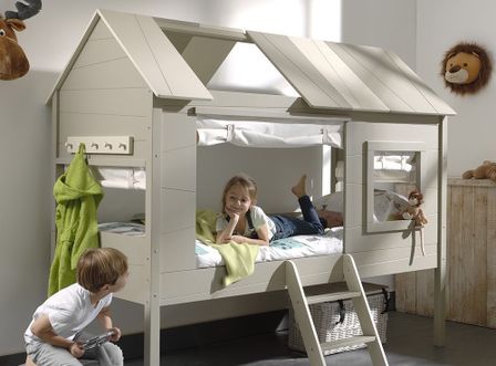 Lit cabane 90x200 cm avec rideau et sommier pin massif gris et taupe Charlotte