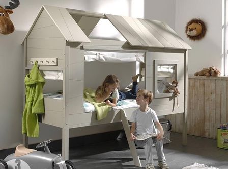 Lit cabane 90x200 cm avec rideau pin massif gris et taupe Charlotte