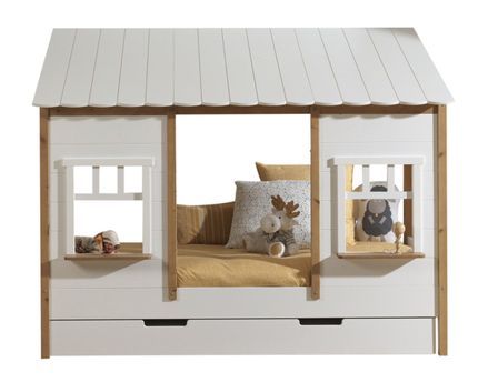 Lit cabane avec tiroir lit HOUSEBED 90x200 cm – Pin massif blanc & bois clair
