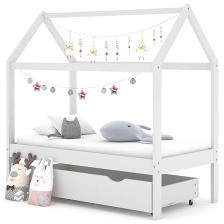 Lit cabane enfant avec un tiroir Blanc Pin massif 70x140 cm