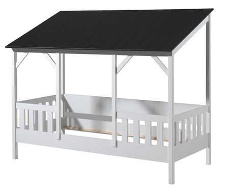 Lit cabane MILA 90x200 cm – Pin massif blanc & toit noir