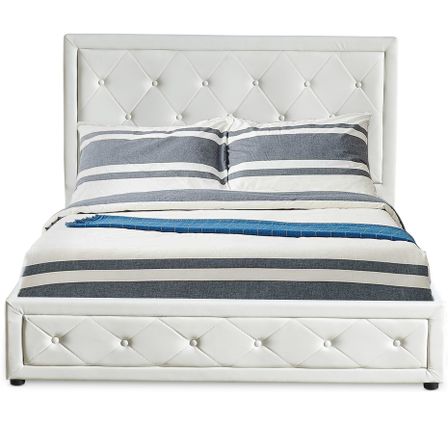 Lit coffre 140x190 cm simili cuir blanc capitonné Maldi