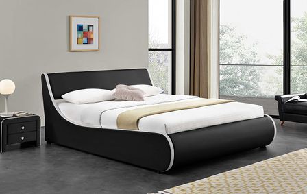 Lit coffre 160x200 cm simili cuir noir mat liseré blanc Asora