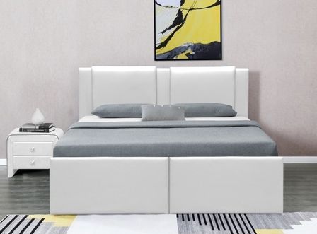 Lit coffre 2 tiroirs simili cuir blanc Jorn 160x200 cm