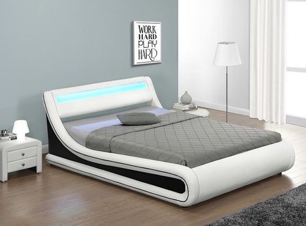 Lit coffre à led 140x190 cm simili cuir blanc liseré noir Lenna