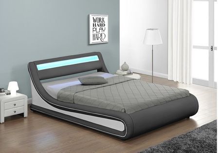 Lit coffre à led 160x200 cm simili cuir gris liseré blanc Lenna