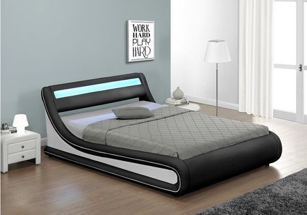 Lit coffre à led 180x200 cm simili cuir noir liseré blanc Lenna