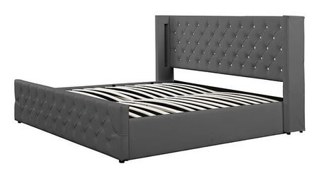 Lit coffre à led capitonné chesterfield simili cuir gris - 3 tailles