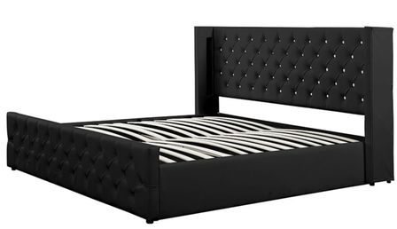 Lit coffre à led capitonné chesterfield simili cuir noir - 3 tailles
