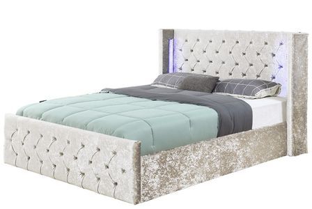 Lit coffre à led capitonné chesterfield velours beige - 3 tailles
