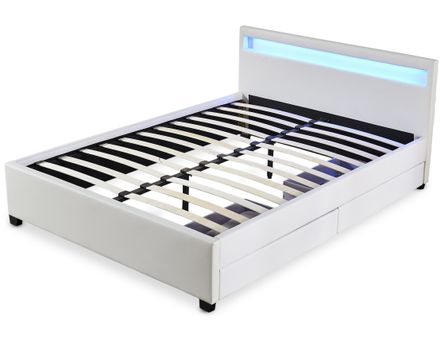Lit coffre à LED et 2 tiroirs 160x200 cm simili cuir blanc Olaro
