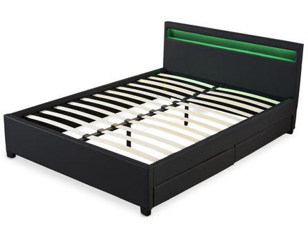 Lit coffre à LED et 2 tiroirs 160x200 cm simili cuir noir Olaro