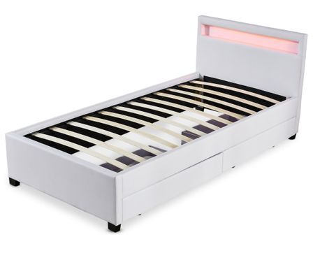 Lit coffre à LED et 2 tiroirs 90x190 cm simili cuir blanc Olaro
