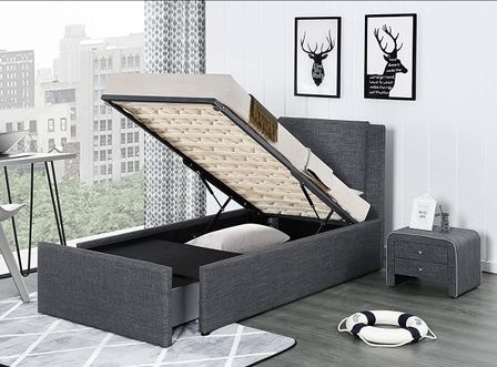 Lit coffre 90x190 cm avec tiroir tissu lin gris foncé Jorn