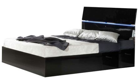 Lit coffre bois noir laqué et tête de lit noire laquée avec led Mona