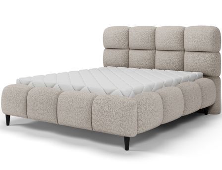 Lit coffre capitonné KENZY – Tissu à boucles, sommier métal renforcé & rangement intégré