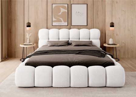 Lit coffre capitonné tissu boucle KINGSTONE – Luxe, confort et praticité réunis