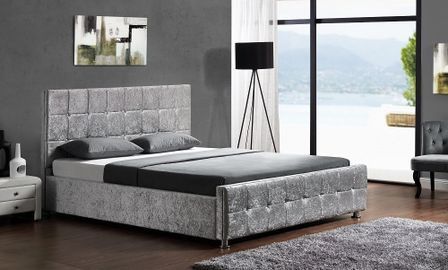 Lit coffre capitonné Velours Argent 160 Kim + Matelas mémoire 24 cm