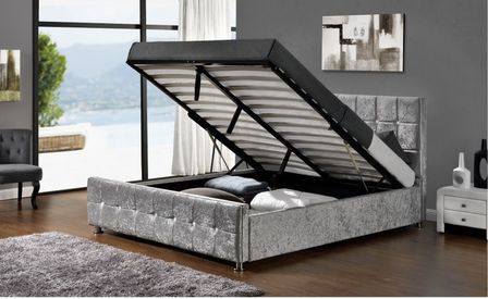 Lit coffre capitonné Velours Gris 140 Kim + Matelas mémoire 24 cm