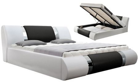 Lit coffre design 180x200 cm similicuir blanc et noir avec sommier Nola