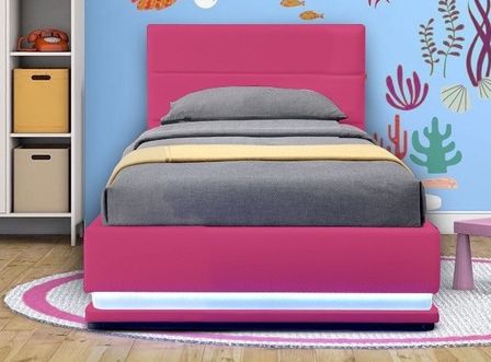 Lit coffre enfant à LED simili cuir rose Arial 90x190 cm