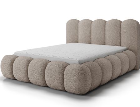 Lit coffre NOBU en tissu bouclette avec tête de lit capitonnée