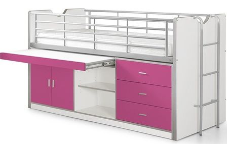 Lit combiné 90x200 cm avec sommier 1 bureau 3 tiroirs bois blanc et fuchsia Bonny