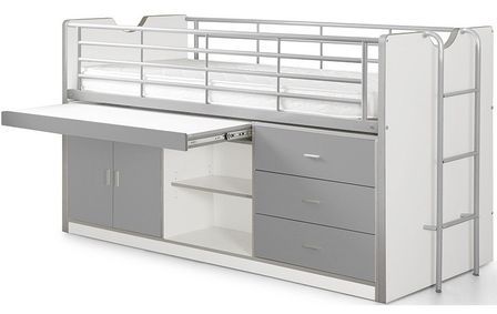 Lit combiné 90x200 cm avec sommier 1 bureau 3 tiroirs bois blanc et gris Bonny