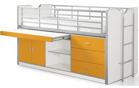 Lit combiné 90x200 cm avec sommier 1 bureau 3 tiroirs bois blanc et orange Bonny