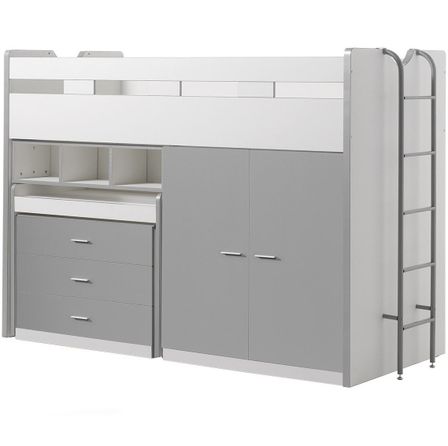 Lit combiné 90x200 cm avec sommier 3 tiroirs 2 portes bois blanc et gris Bonny