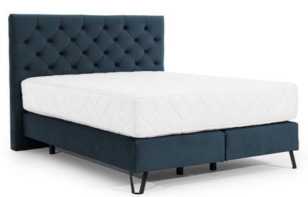Lit continental capitonné tissu bleu Pozza avec matelas 30 cm en latex et pied métal noir