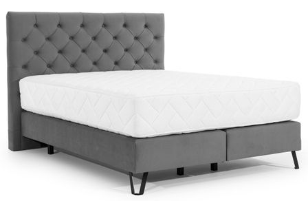 Lit continental capitonné tissu gris foncé Pozza avec matelas 30 cm en latex et pied métal noir