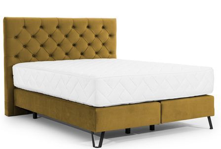 Lit continental capitonné tissu jaune moutarde Pozza avec matelas 30 cm en latex et pied métal noir