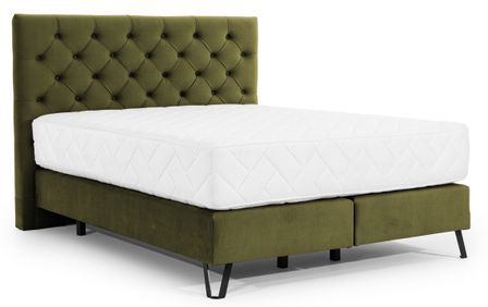 Lit continental capitonné tissu vert olive Pozza avec matelas 30 cm en latex et pied métal noir