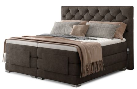 Lit continental électrique tissu marron avec matelas et surmatelas Karmen