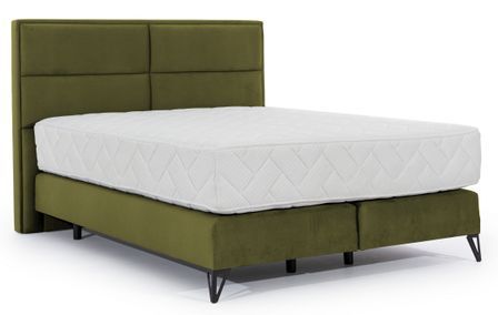 Lit continental tissu vert olive Tiempo avec matelas 30 cm en latex et pied métal noir