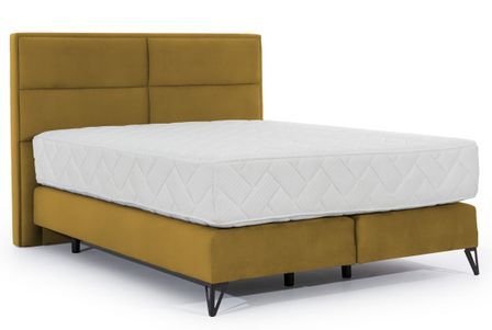 Lit continental velours jaune Tiempo avec matelas 30 cm en latex et pied métal noir