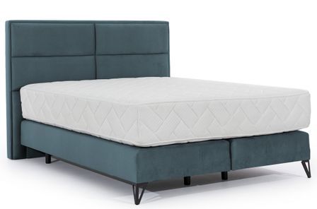 Lit continental velours vert bleuté Tiempo avec matelas 30 cm en latex et pied métal noir