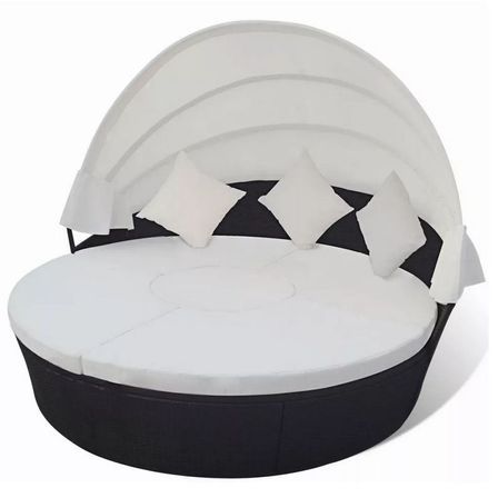 Lit de jardin rond avec auvent résine tressée noire Miaden