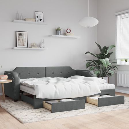 Lit de jour avec gigogne et tiroirs gris foncé 90x200 cm tissu