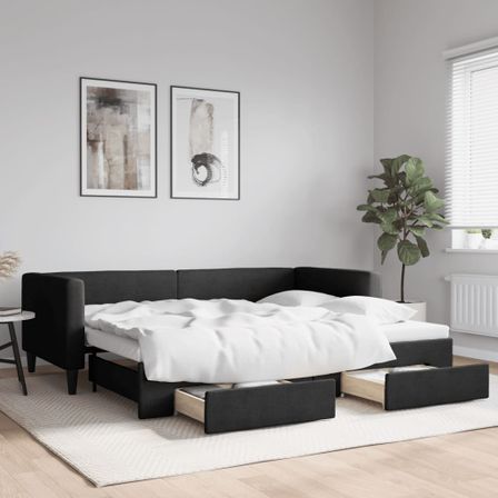 Lit de jour avec gigogne et tiroirs noir 90x200 cm tissu
